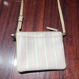 Coach Legacy Weekend Ticking Stripe Medium Swingpack Crossbody Tan Pink